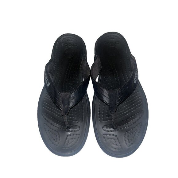 CROCS Black Leather rubber Thong Sandals Size 9 - Picture 1 of 11